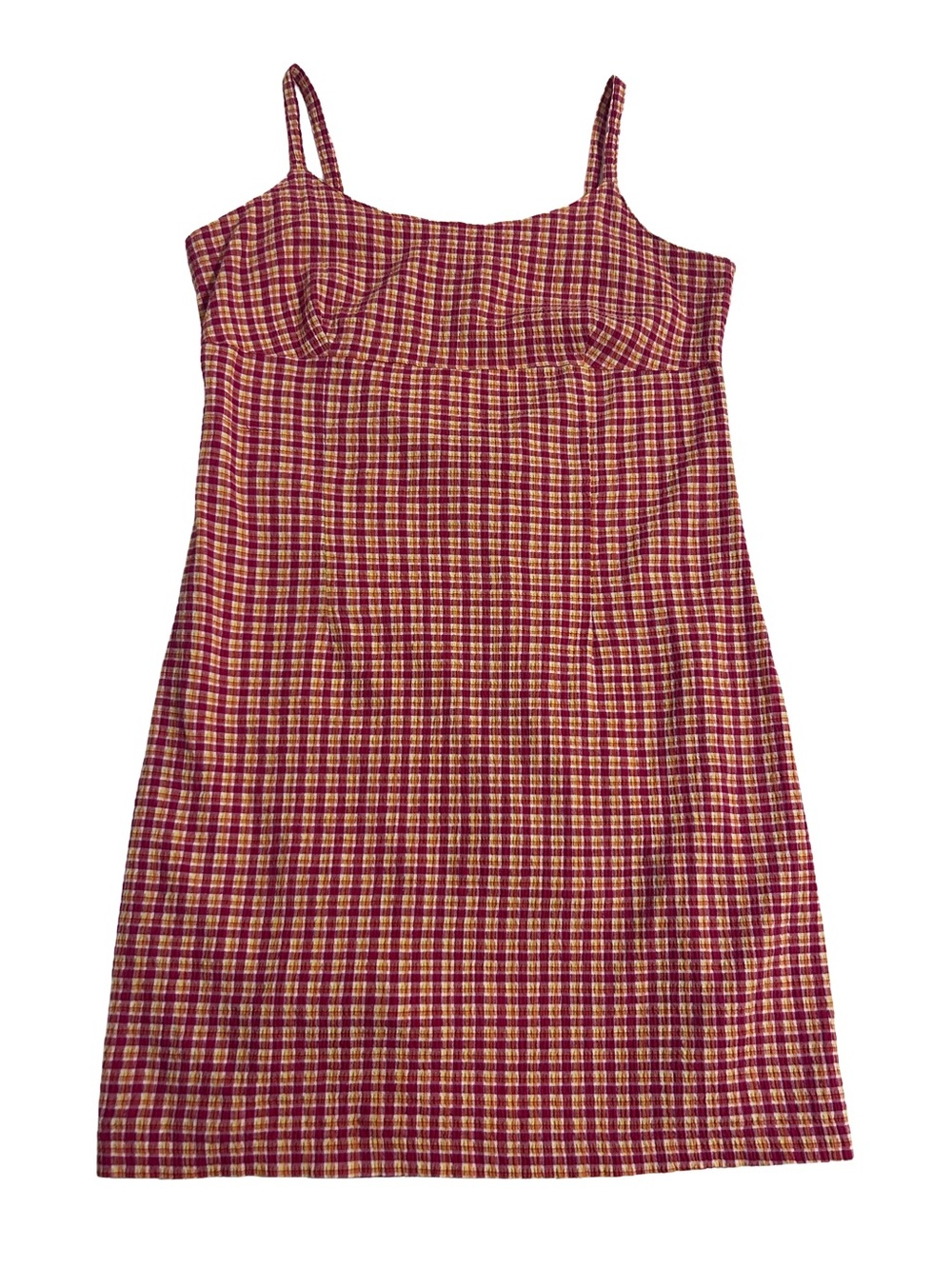 Vintage 90s Spaghetti Strap Plaid Mini Dress in Burgundy and Soft Yellow